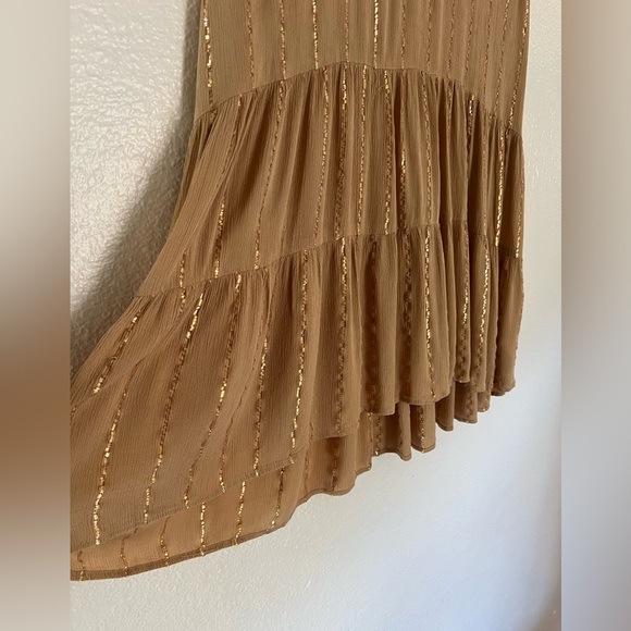 Salty Lemon Gold Sequin Gauzy Sleeveless Swing Mini Dress in Tan. Size L - Picture 5 of 10